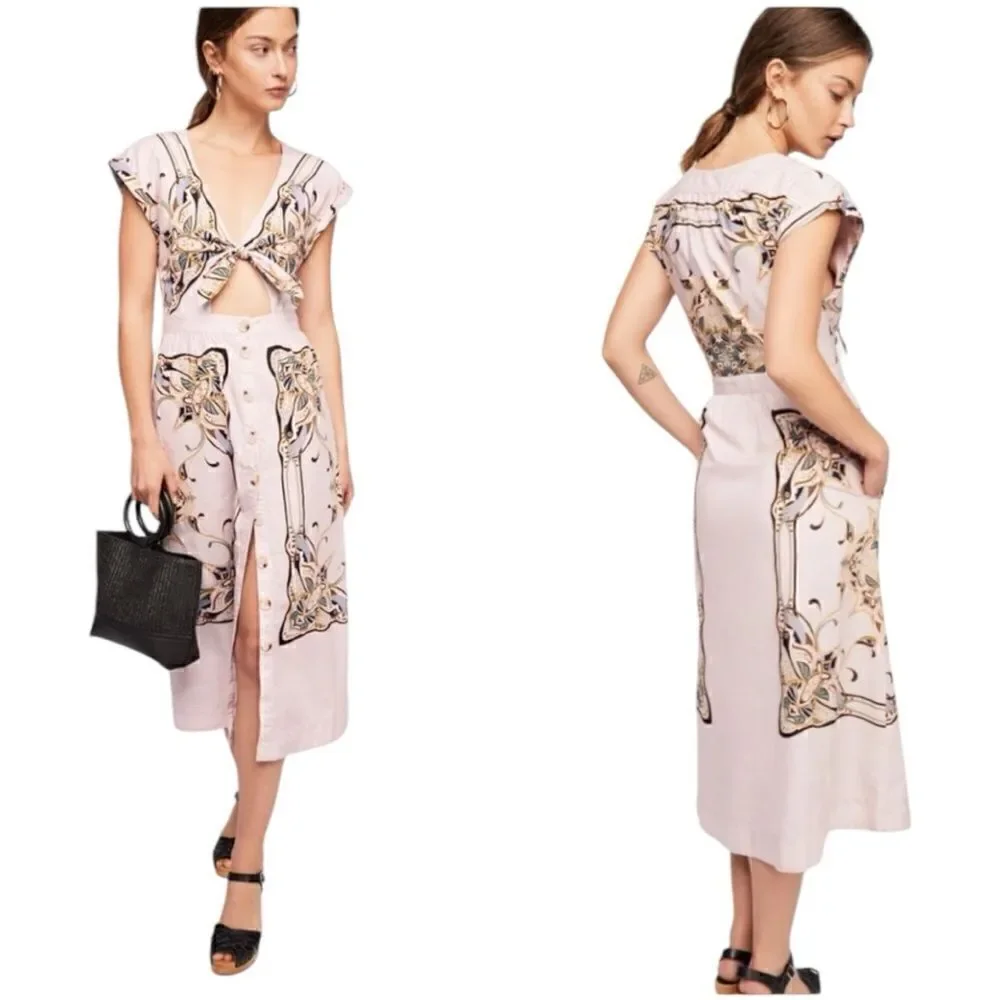 Free People Linvilla Beige Poplin Printed Midi Dress Size 6